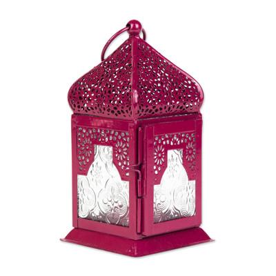 Marrakesh Magenta,'Small Hanging Lantern in Maroon with Decorative Glass'