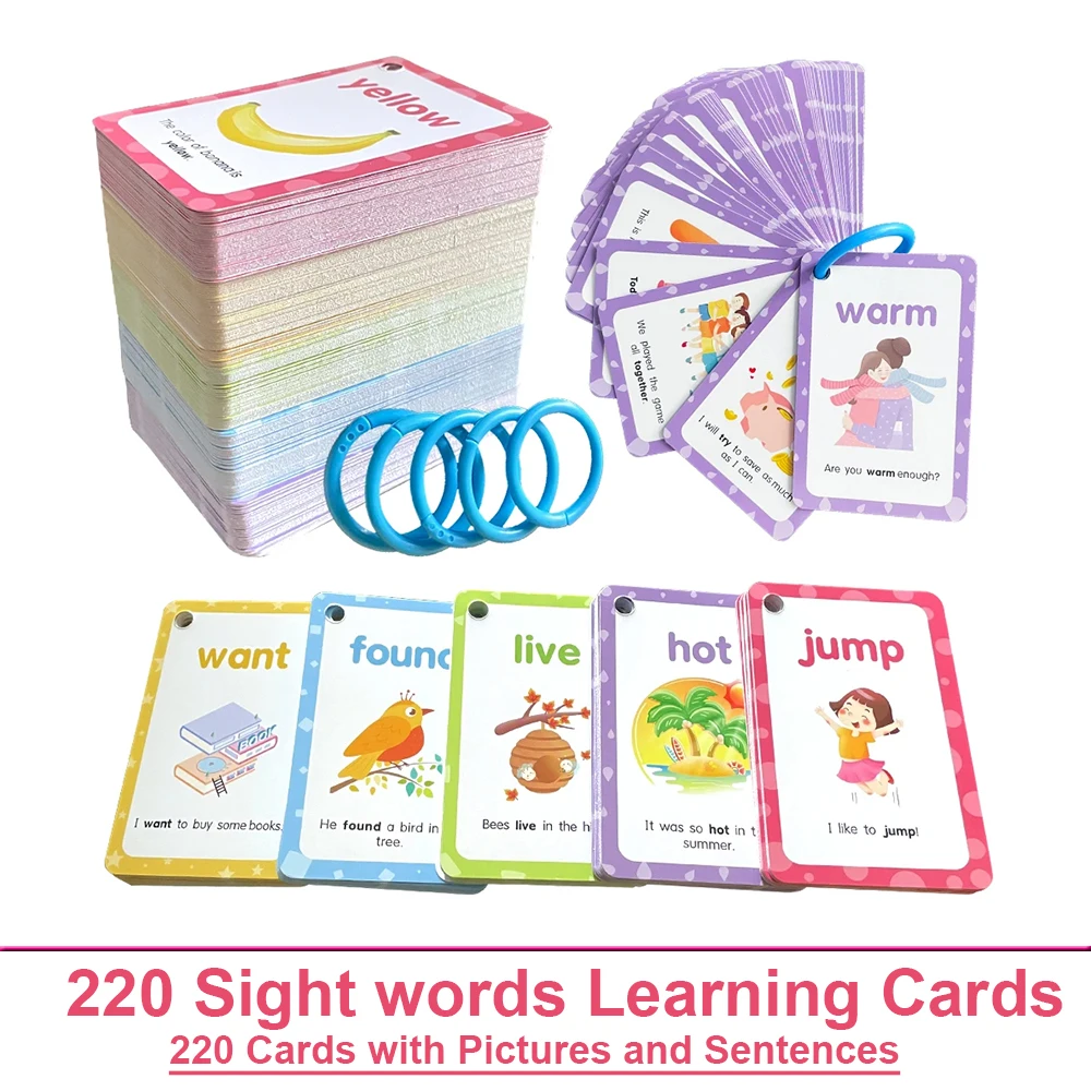 Cartes flash de 220 mots de vue avec images et phrases, 5 niveaux de mots à haute fréquence, développement de vocabulaire, outils pédagogiques pour enfants