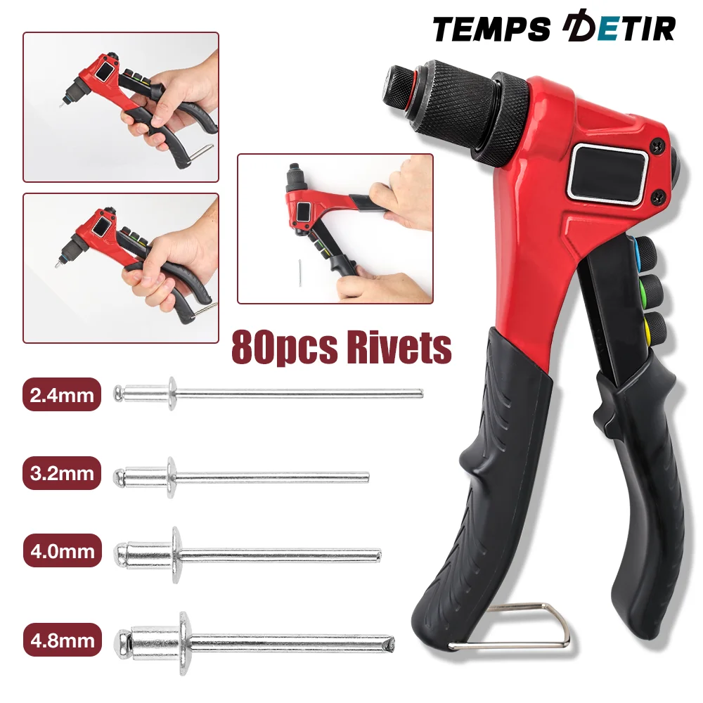 2,4 mm/3,2 mm/4,0 mm/4,8 mm Kit de pistolet à rivets électrique outil de rivetage bricolage insérer un écrou outil de rivetage maison outil de rivetage sans fil ceinture 80 pièces rivets