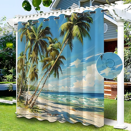 Wasserdichter Outdoor Vorhang Sichtschutzvorhang für den Außenbereich, Schiebevorhänge für die Terrasse, Pergola mit Ösen, Strand-Palmen-Landschaft für Pavillon, Balkon, Veranda, Party, 1 Panel Image