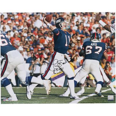 Phil Simms New York Giants signiertes 16" x 20" Throwing in Blue Foto mit der Aufschrift "S.B. XXI M.V.P." Image