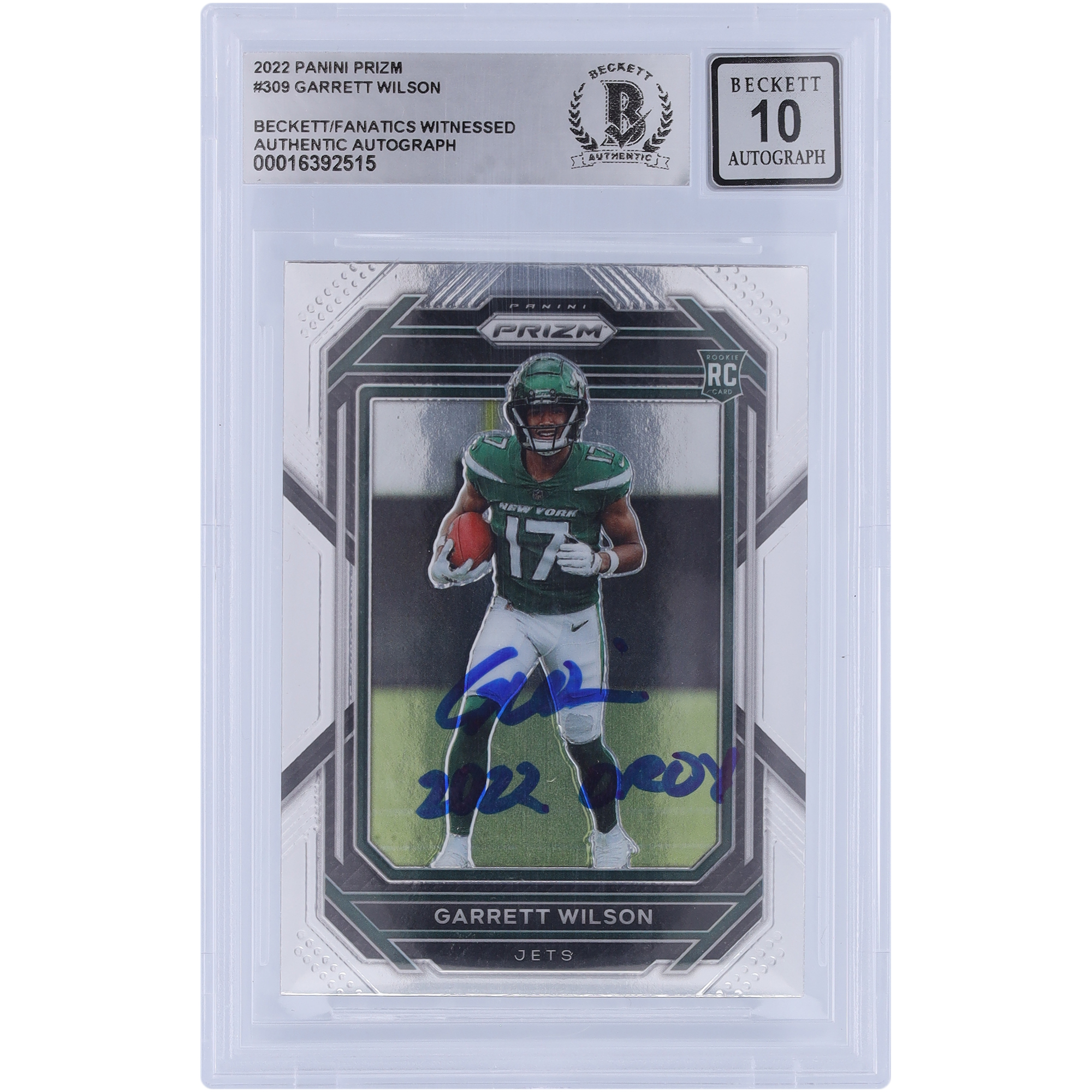 Garrett Wilson New York Jets signierte 2022 Panini Prizm #309 Beckett Fanatics bezeugte authentifizierte 10 Rookie-Karte mit "2022 OROY"-Aufschrift Image