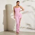 Summer Sexy Pink Sweetheart Neckline High Slit Ruffled Hem Side Decorated Fitted Pleated Backless Cami Dress For Women