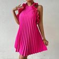 Womens Fashionable Solid Color Ruffle Trim Pleated Backless Dress