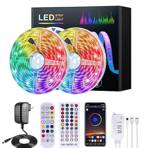rgb led strip light 20m 65ft étanche musique synchronisation 12v 5050 smd changement de couleur bluetooth contrôleur 100-240v adaptateur pour chambre home tv rétro-éclairage bricolage déco