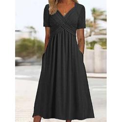 Damen A Linie Kleid Maxidress Tasche Basic Brautkleider schlicht V Ausschnitt Kurzarm Schwarz Rote Blau Farbe