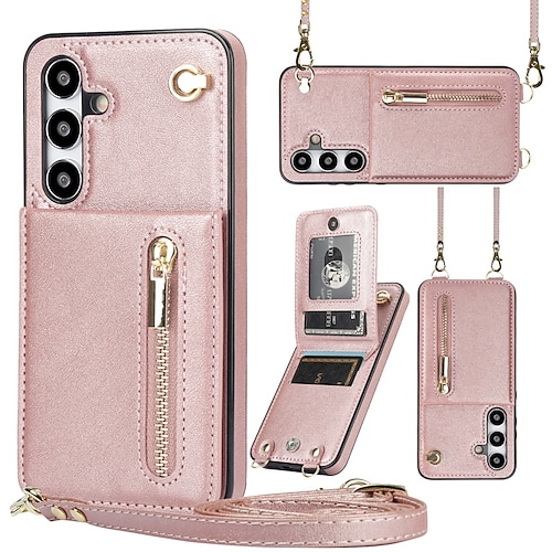 Handy Hülle Handyhüllen Für Samsung Galaxy S26 Ultra Plus S25 S24 S23 S22 S23 FE S21 Ultra Plus S20 Rückseite Brieftaschenhülle Reisverschluss mit Trageriemen Ständer Retro TPU PU-Leder Image