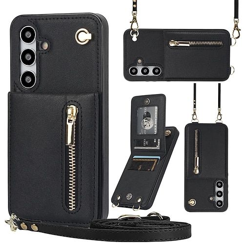 Handy Hülle Handyhüllen Für Samsung Galaxy S25 S24 S23 S23 FE S22 S21 Ultra Plus S20 Rückseite Brieftaschenhülle Reisverschluss mit Trageriemen Ständer Retro TPU PU-Leder Image