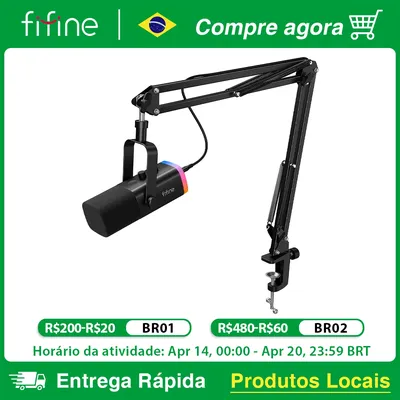 FIFINE Dynamic XLR Microphone Kit with Boom Arm for Mixer,Gaming USB Mic Set with RGB,Volume Control