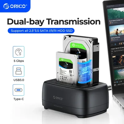ORICO Dual-bay Hard Drive Station USB3.0 5Gbps Type-C HDD Docking Station with 12V 3A Power Adapter