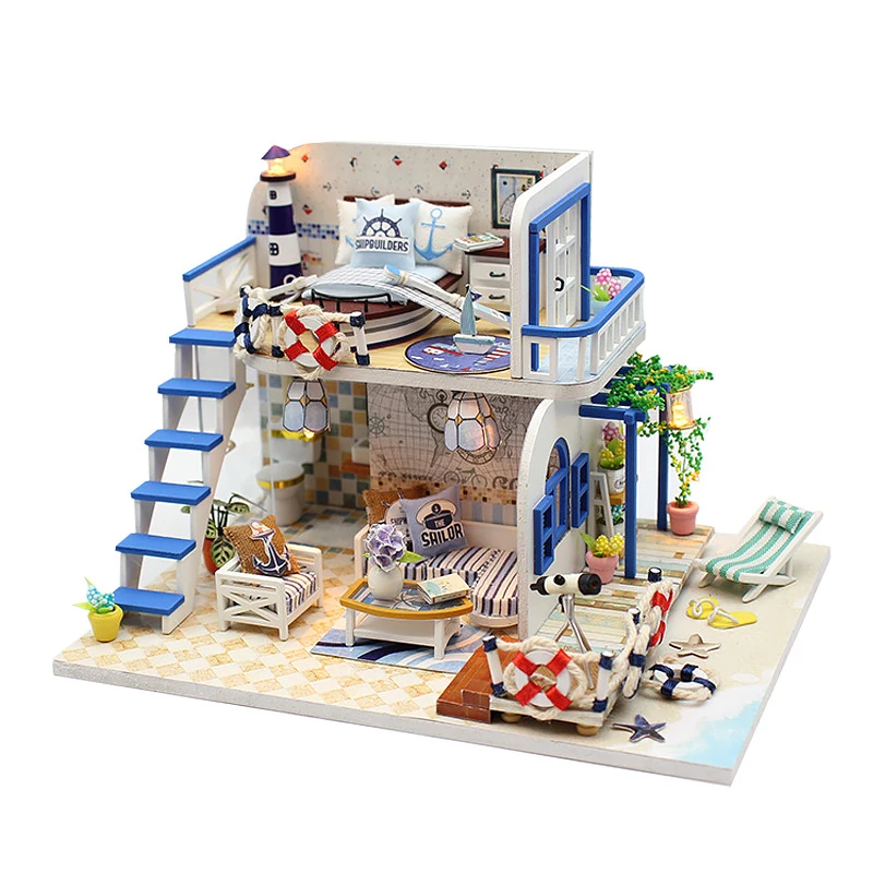 Mini maison de poupée 3D Puzzle plage en bois petite maison assemblage modèles de construction maison chambre décoration avec meubles maison de poupée