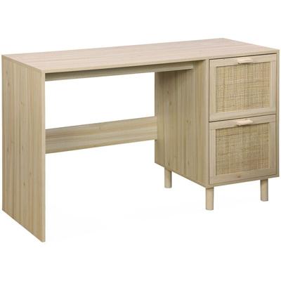 sweeek - Schreibtisch mit Holzdekor und Rohrgeflecht - Natur