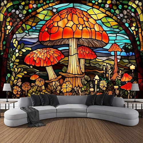 Buntglas-Pilz-Hängeteppich, Wandkunst, großer Wandteppich, Wanddekoration, Fotohintergrund, Decke, Vorhang, Zuhause, Schlafzimmer, Wohnzimmer, Dekoration Image
