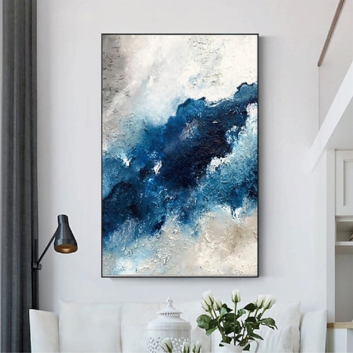 großes handgemachtes abstraktes Küstenlandschafts-Ölgemälde auf Leinwand, großes Ölgemälde, Wandkunst, Ölgemälde, blaue Himmelskunst, individuelles Gemälde für Wohnzimmer, Schlafzimmer, Dekoration Image