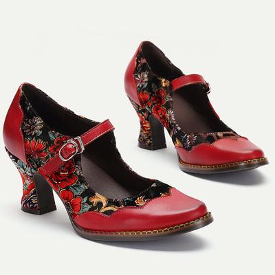 Elegant Vintage Red Floral Embroidered Mary Jane Pumps with Chunky Heels - Stylish Women's Dress Shoes