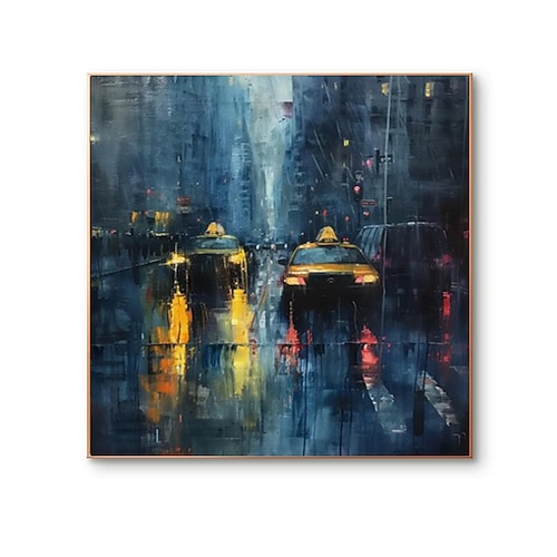 Fußgänger mit Regenschirmen in einer regnerischen Stadt, Ölgemälde, handgemalt, regnerische Stadt, Ölgemälde, handgemachte Stadtbildkunst, urbane Malerei, Leinwand, Heimdekoration, gespannter Rahmen, Image