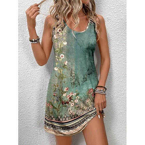 Abito Mini Donna Abito Petite Abito Estivo Abito Canotta Abito Estivo Elegante Casual Vacanza Quotidiana Festività Vestibilità Larga Fantasia Floreale Senza Maniche Collo Giro Blu Viola Verde Estate