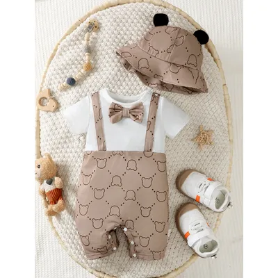 2024 summer new baby boy suspenders onesie cartoon printed Fisherman hat for baby boys gentleman bow