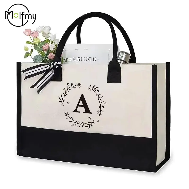 Sacs fourre-tout en toile avec lettres, sac de plage, cadeau d'anniversaire, de mariage, Boutique personnalisée, Logo d'affaires, mode, grande capacité, Shopping Bolsos