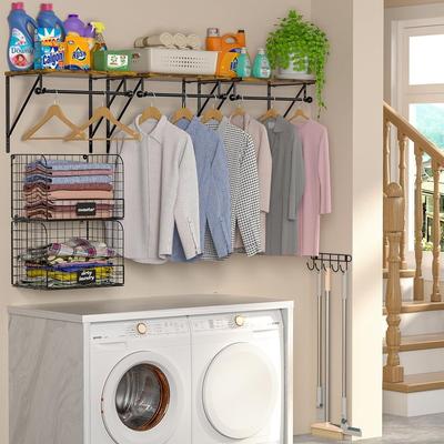 Laundry Room Wall Mounted Shelf with Line Basket, Over Washer and Dryer Shelf with Drying Racks - Large