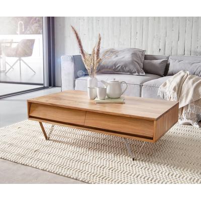 DELIFE Couchtisch Eloi 115x60 cm Akazie Natur 4 Schubfächer V-Fuß Edelstahl, Couchtische Image