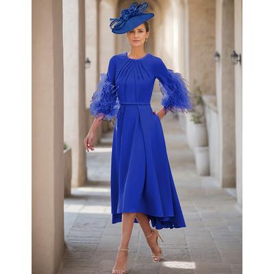 A-Line Mother of the Bride Dress Wedding Guest Elegant Jewel Neck Asymmetrical Stretch Fabric Half Sleeve with Feather 2025 free custom size