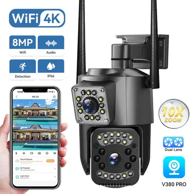 4K 8MP Dual Lens WiFi IP Camera Night Vision Ai Human Detect PTZ Outdoor Video Camara Wireless V380