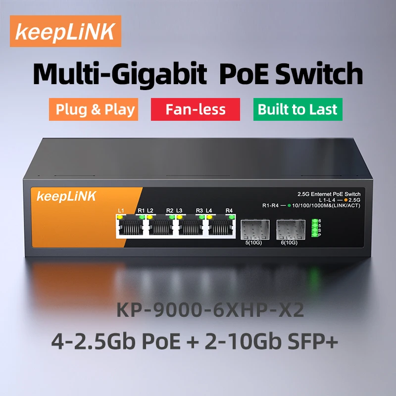 KeepLiNK Switch réseau multi-Gigabit 6 ports avec Ethernet 4 PoE 2,5 Go et liaison montante 2 SFP+ 10 Go