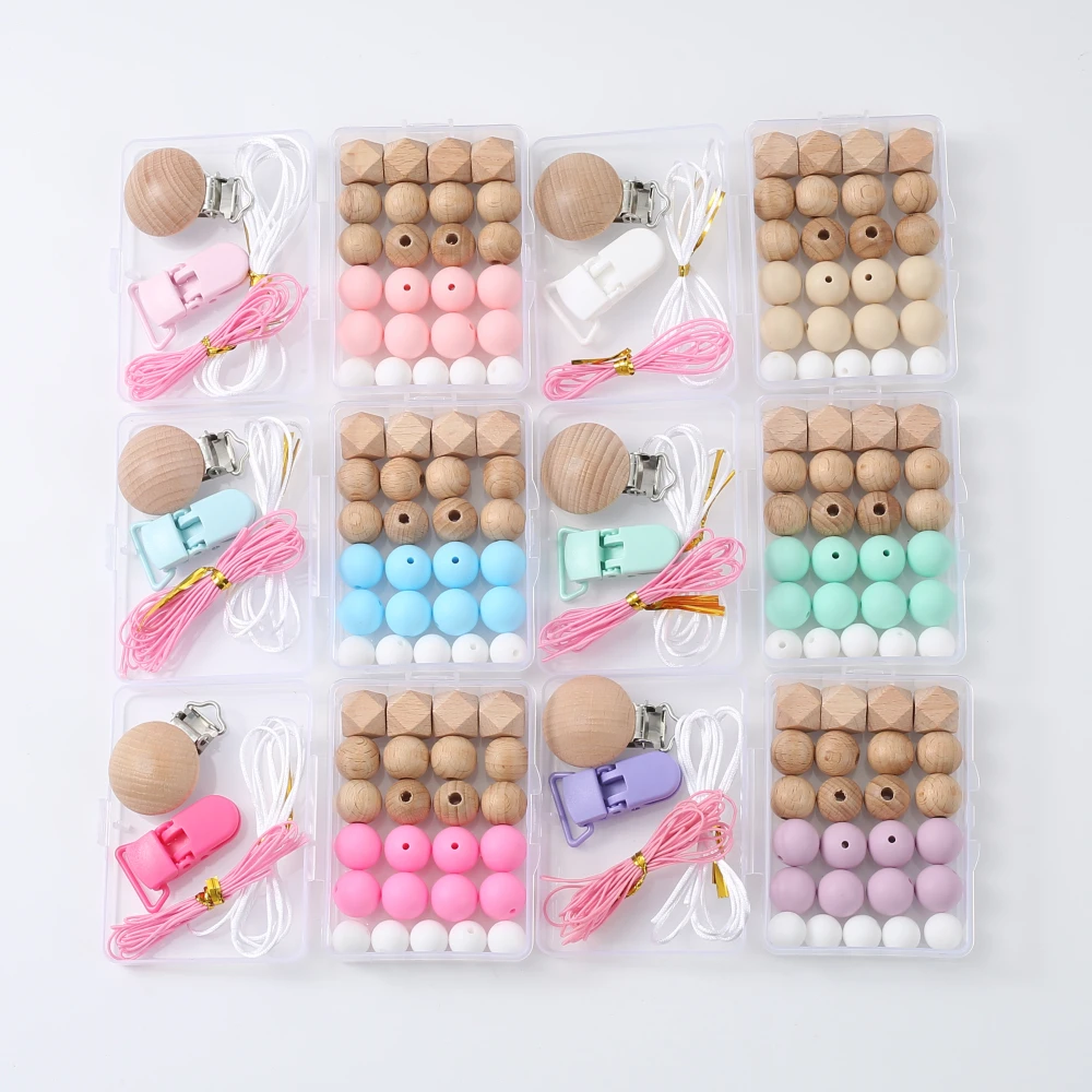 Nouveau bébé sucette chaîne Clips accessoires ensemble pour bricolage porte-mamelon perles de Silicone Clips en bois anneau de dentition jouet à mâcher