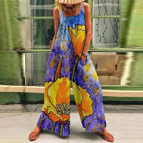 Damen Normal Latzhose Urlaub Blumen Ärmellos Breites Bein Quadratischer Ausschnitt Tasche Bedruckt Strasse Täglich Regular Fit Gelb Hellgrün Rosa Sommer Image