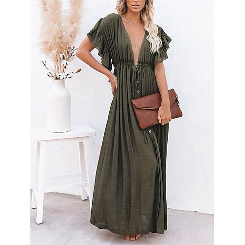 Damen kleid lang abendkleider Casual kleid Schaukelkleid Einfarbig Modisch Brautkleider schlicht Outdoor Täglich Urlaub Rüsche Rückenfrei Kurzarm V Ausschnitt Kleid Lockere Passform Armeegrün Wei
