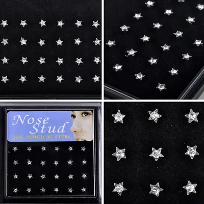 24Pcs/Set Stainless Steel Nose Studs Punk Style Nose Piercing Pentagram Crystal Nose Rings Cartilage