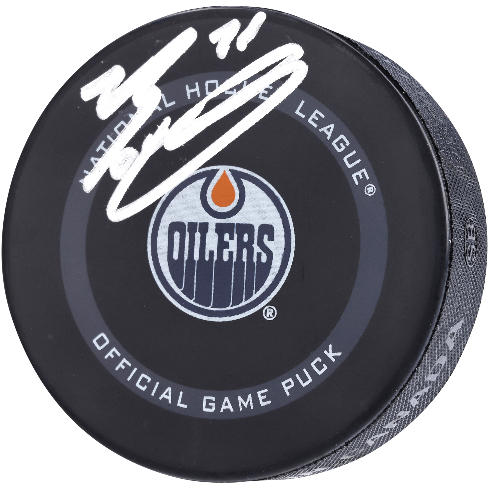 Evan Bouchard Edmonton Oilers signiertes 2021-Modell, offizieller Spielpuck Image