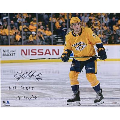 Signiertes 16 x 20 Zoll großes Eiskunstlauffoto von Dante Fabbro von den Nashville Predators mit der Aufschrift „NHL-Debüt 30.03.19“ Image