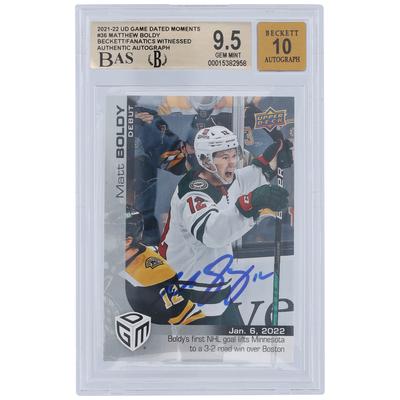 Matthew Boldy Minnesota Wild signierte 2021-22 Upper Deck Game Dated Moments Rookie Debut #36 Beckett Fanatics Zeuge authentifizierte 9,5/10 Karte Image