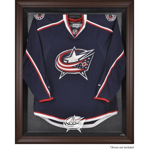 Vitrine mit Logo-Trikot der Columbus Blue Jackets in Braun mit Rahmen