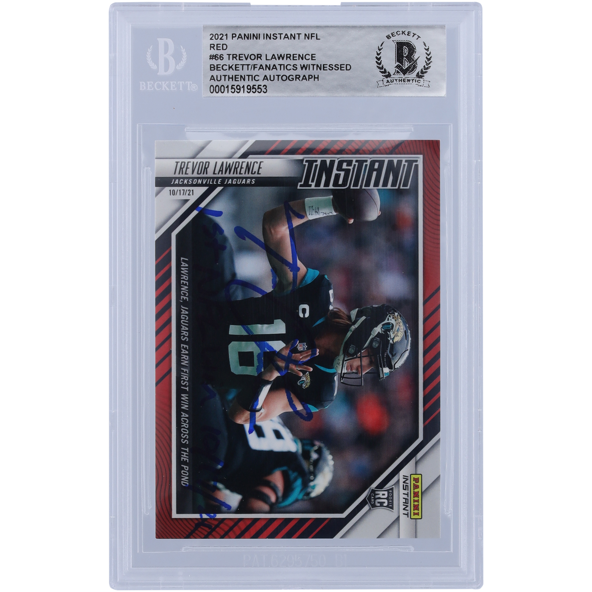 Trevor Lawrence Jacksonville Jaguars signierte 2021 Panini Instant Red Variation #66 #/99 Beckett Fanatics bezeugte authentifizierte Rookie-Karte mit der Aufschrift „1. NFL-Sieg 17.10.21“ Image