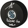 "Adam Larsson Seattle Kraken Autographed Hockey Puck with ""Release The Kraken"" Inscription"