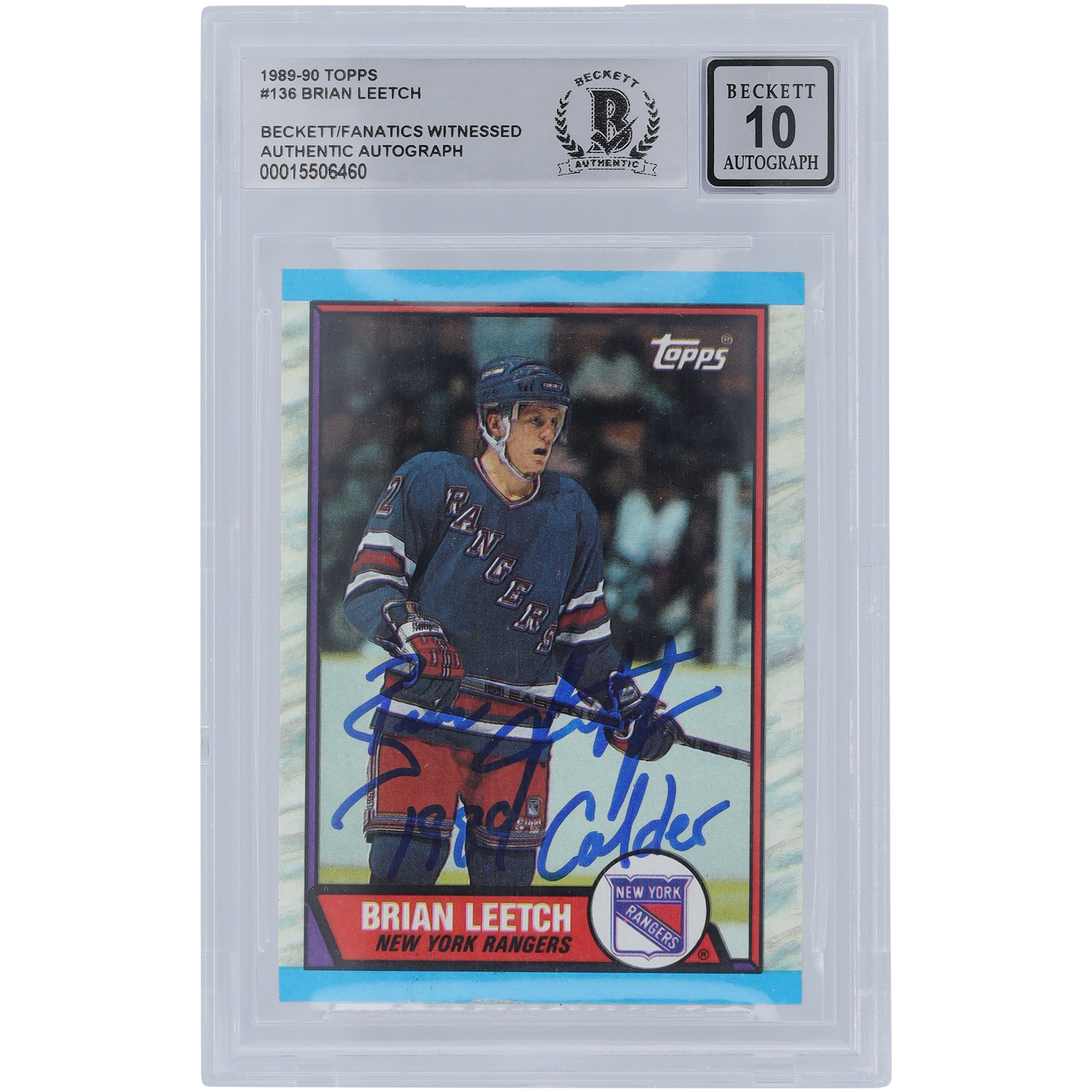 Brian Leetch New York Rangers signierte 1989-90 Topps #136 Beckett Fanatics bezeugte authentifizierte 10 Rookie-Karte mit "1989 Calder" Inschrift Image