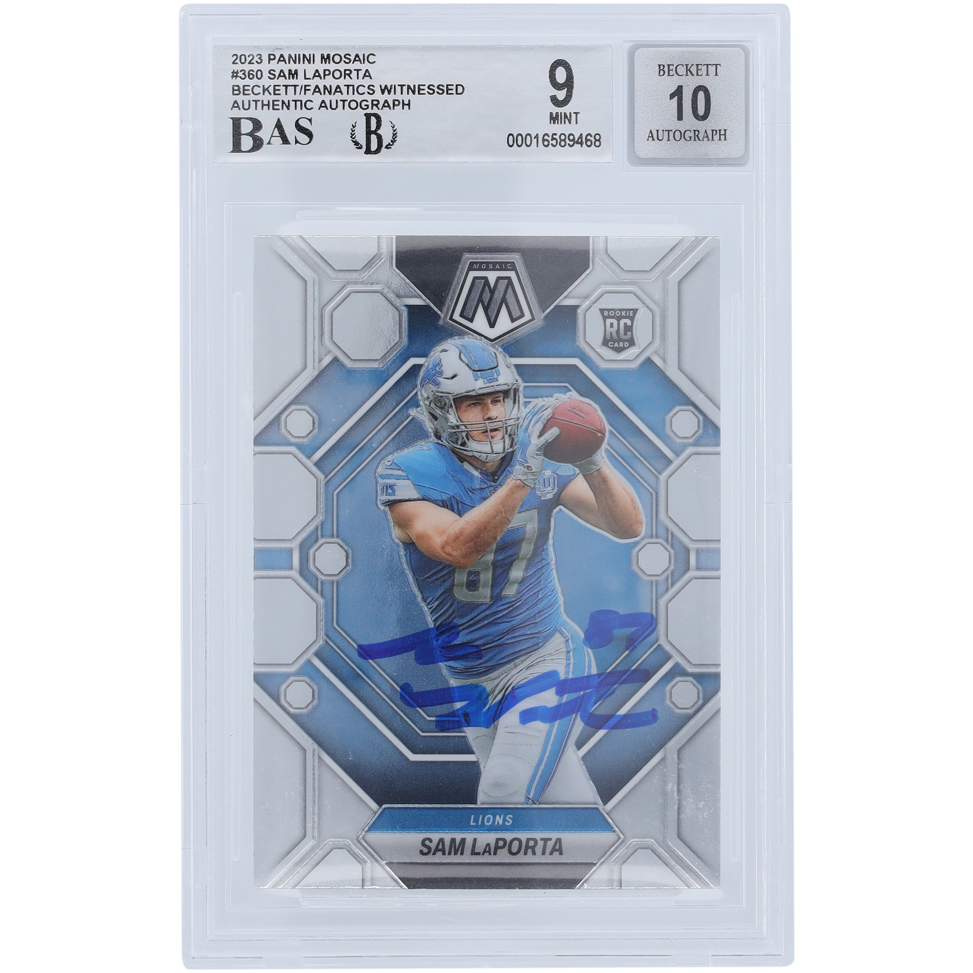 Sam LaPorta Detroit Lions signierte 2023 Panini Mosaik #360 Beckett Fanatics bezeugte authentifizierte 9/10 Rookie-Karte Image