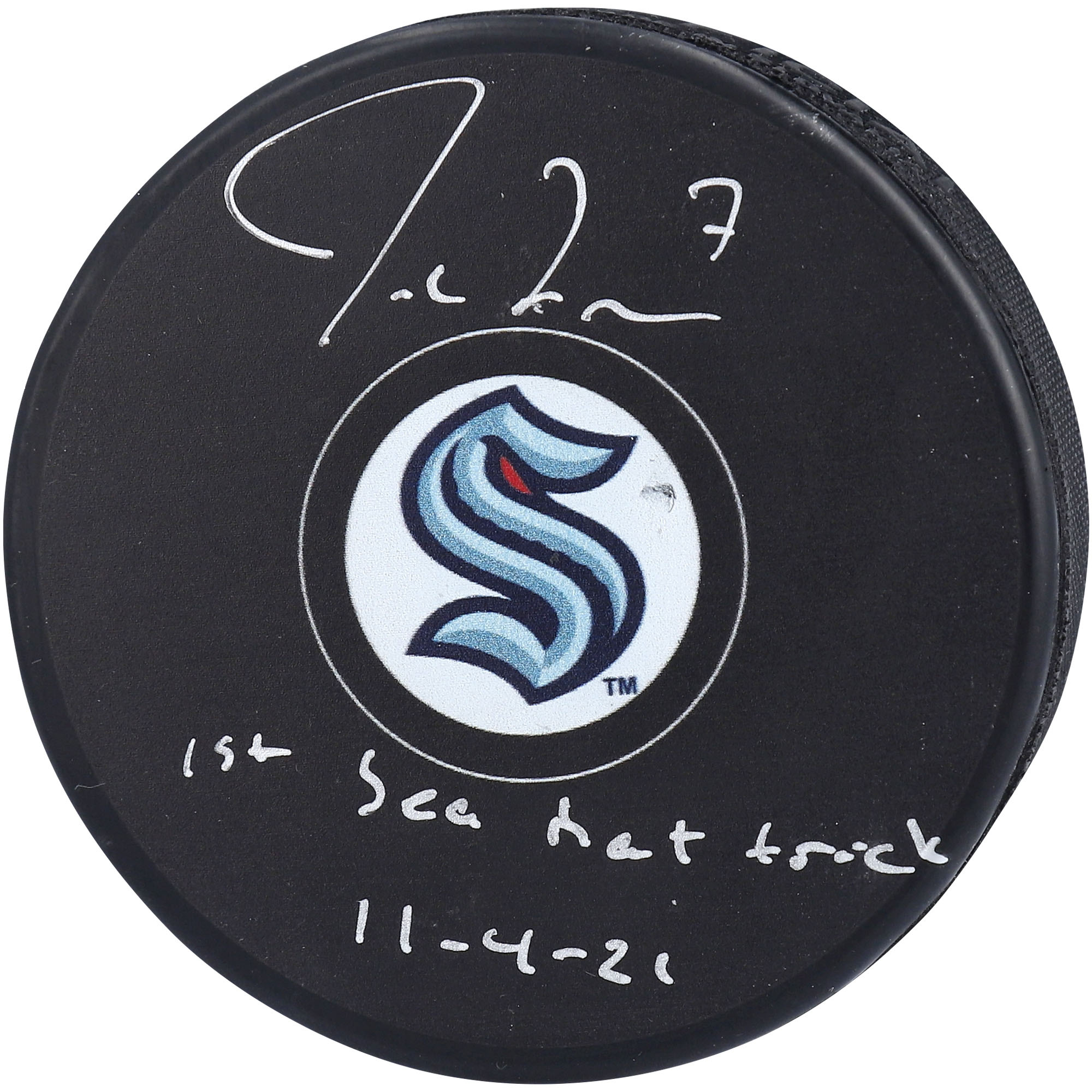 Von Jordan Eberle signierter offizieller Spielpuck der Seattle Kraken zur Eröffnungssaison mit der Aufschrift „1st Sea Hat Trick 11-4-21“ Image