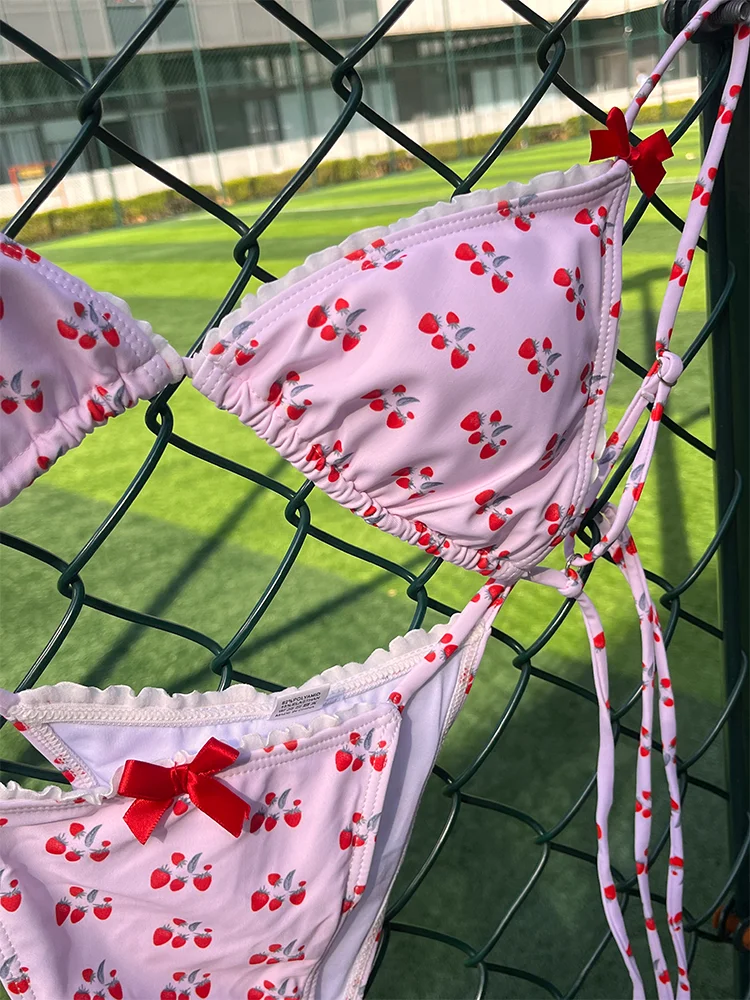 Print Bikinis Damen Badeanzug rosa Bade bekleidung Badeanzug Bandage Bikini Sets Bogen Biquinis niedrige Taille Sommer Strand kleidung Image