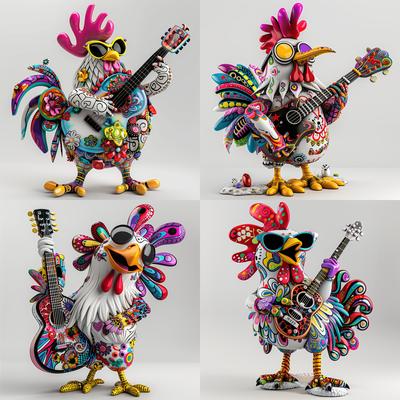 TEMU 4in1 Creative Colorful Guitar Playing Chicken Sunscreen Opaque Suitable For Most Of The Location Of The Car Refrigerator Door Whole Plate Engraving