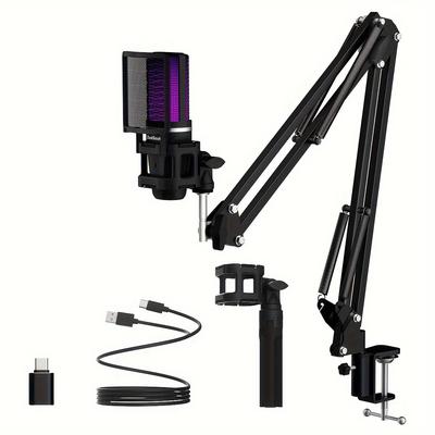 Professional Usb Gaming Microphone Kit, Podcast Condenser Mic With Boom Arm And Rgb Light, Plug&play Microphones For Streaming, Pc, Computer (black)