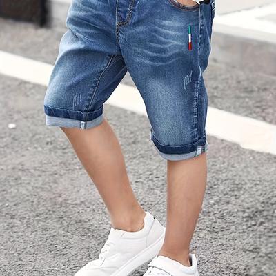 TEMU Boys' Summer Washed Denim Mid-length Shorts, Casual Style, Elastic Waist, Durable Jean Material For Boys