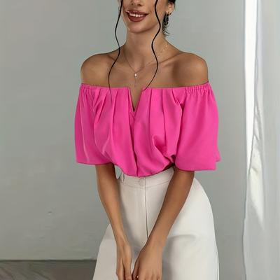 TEMU Off-shoulder Notch Neck Crop Blouse, Stylish Short Sleeve Blouse For Spring & Summer, Women's Clothing