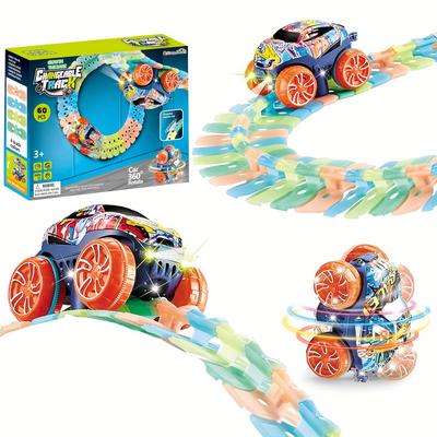 Creamkids Children's Race Track Car Sets, Luminous Suction Cup Track Toys, Slot Race Car With Lights And Flexible Race Car's Changeable Track Set, For Children Over 3 Years Old (60pcs)
