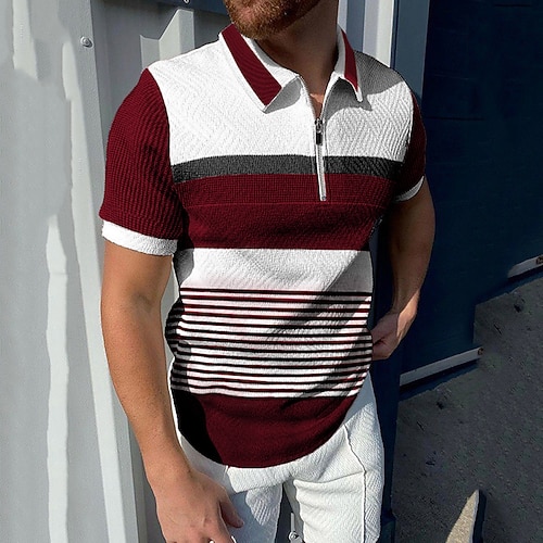 Herren Poloshirt Golfhemd Casual Festtage Kargen Viertel Postleitzahl Kurzarm Modisch Basic Farbblock Viertel Postleitzahl Sommer Regular Fit Rote Braun Hell Gray Grau Poloshirt Image