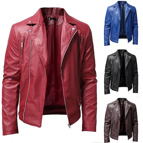 Herren Lederjacke Kunstlederjacke Freizeitjacke Motorrad Jacke Rote Lederjacke Casual Motorrad warm Regendicht Kunstpelzbesatz Herbst Einfarbig Casual Brautkleider schlicht Umlegekragen Regulär