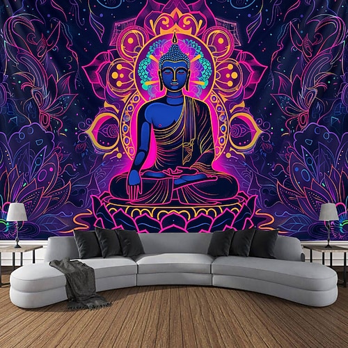 Boho Buddha Schwarzlicht Wandteppich UV reaktiv im Dunkeln leuchtend Glow Party Lotus Trippy Misty Natur Landschaft Hängender Wandteppich Wandbild für Wohnzimmer Schlafzimmer Image